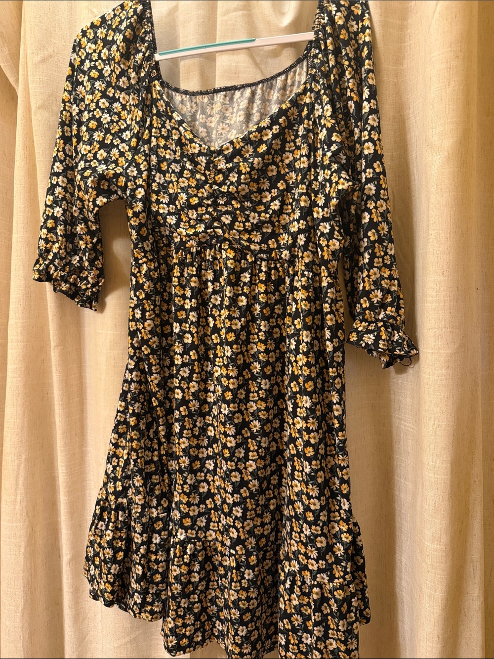 Black & Yellow Floral Scoop-Neck Women's Dress